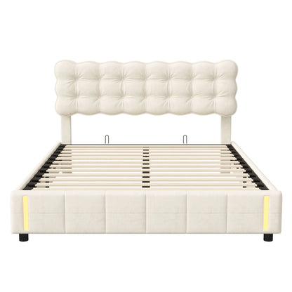 Doppelbett 140x200 cm mit LED-Beleuchtung und Stauraum, Luftdruckbett, Lattenrost, Samt, beige, ohne Matratze