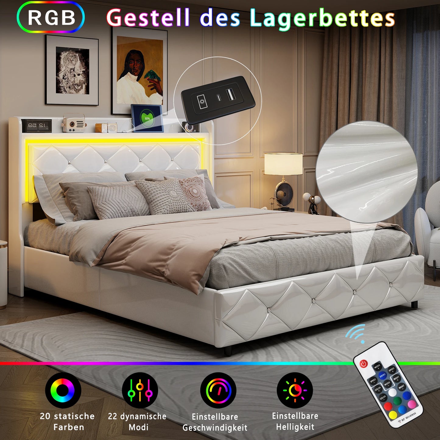 Rosahqnda Doppel-Jugendbettgestell 140–160 x 200 cm mit hydraulischem LED- und USB-Aufbewahrungsbett, Einzelbett, Gäste-/Master-Schlafzimmer, PU, weiß/schwarz