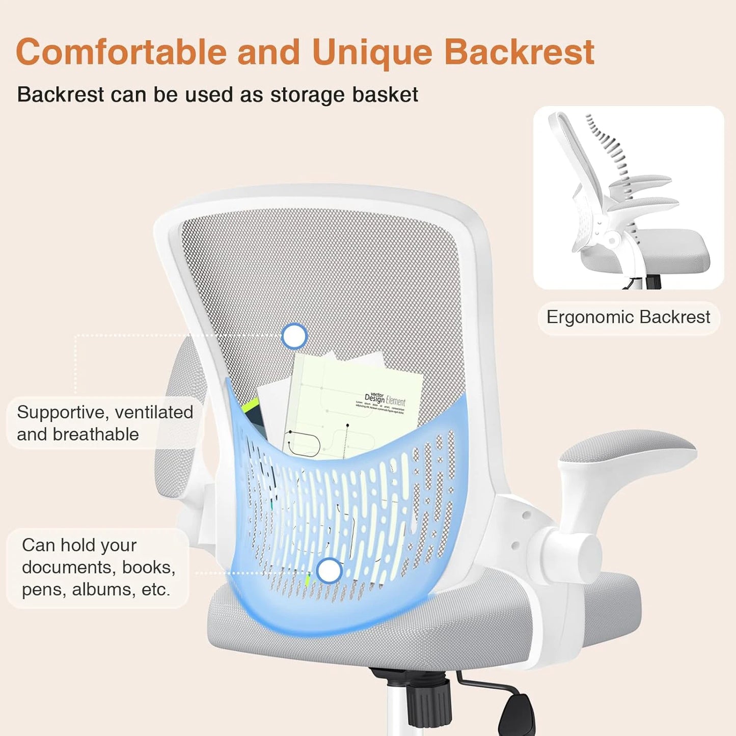 Naspaluro Ergonomic Office Chair Desk Chair with 90° Folding Armrests Lumbar Support Breathable Mesh Padding for Home Office