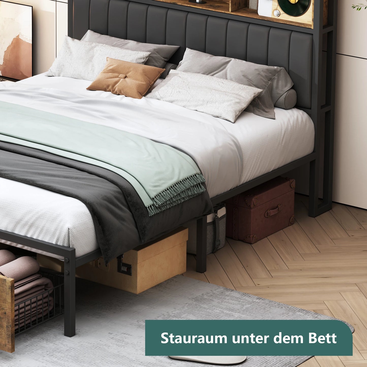 WoodenAura Doppelbettgestell aus Holz und Metall, Retro-Bett mit LED-PU-Kopfteil und 2 Schubladen, modernes Bett mit Stauraum