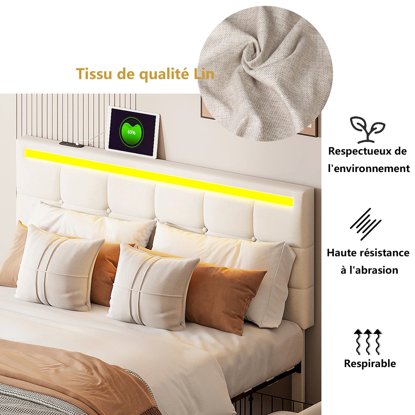 Rosahqnda Gepolstertes Doppelbett 140-160 x 200 cm mit 4 Schubladen und LED, Stauraumbett, Gästebett, Apartmentbett, Leinen