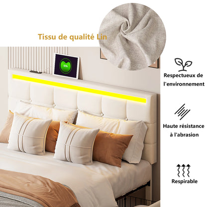 Rosahqnda Gepolstertes Doppelbett 140-160 x 200 cm mit 4 Schubladen und LED, Stauraumbett, Gästebett, Apartmentbett, Leinen