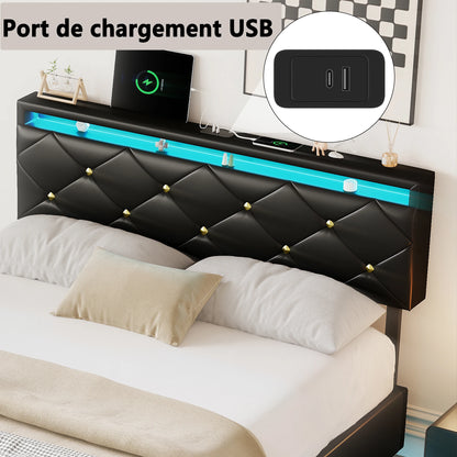 Rosahqnda Schwebebett 140-160*200cm LED USB verstellbares Kopfteil,Doppelpolsterbett Apartmentbett Jugendbett Gästebett,PU