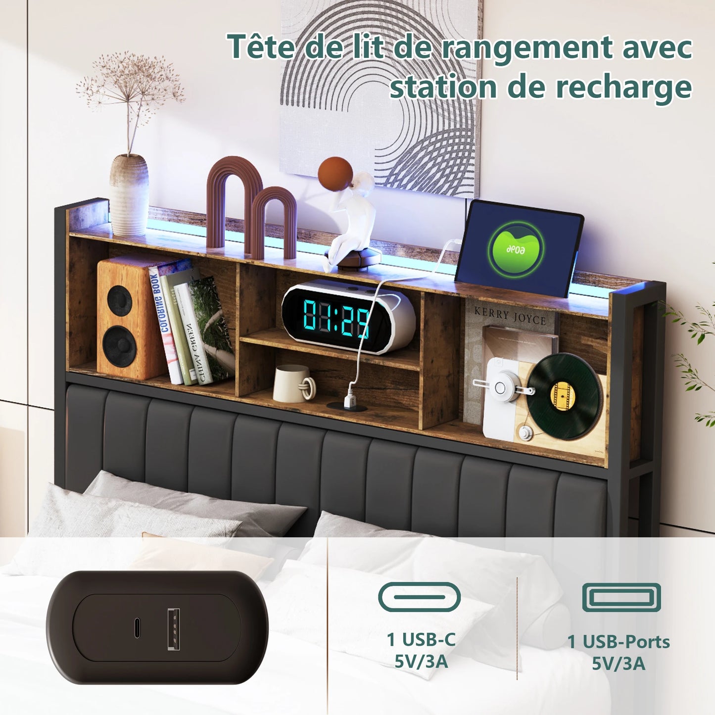 Rosahqnda Doppelbettgestell aus Eisen mit LED & USB & Schubladen, Polsterbett 140-160-180*200cm,Stauraum-Kopfteil,Jugendbett,PU