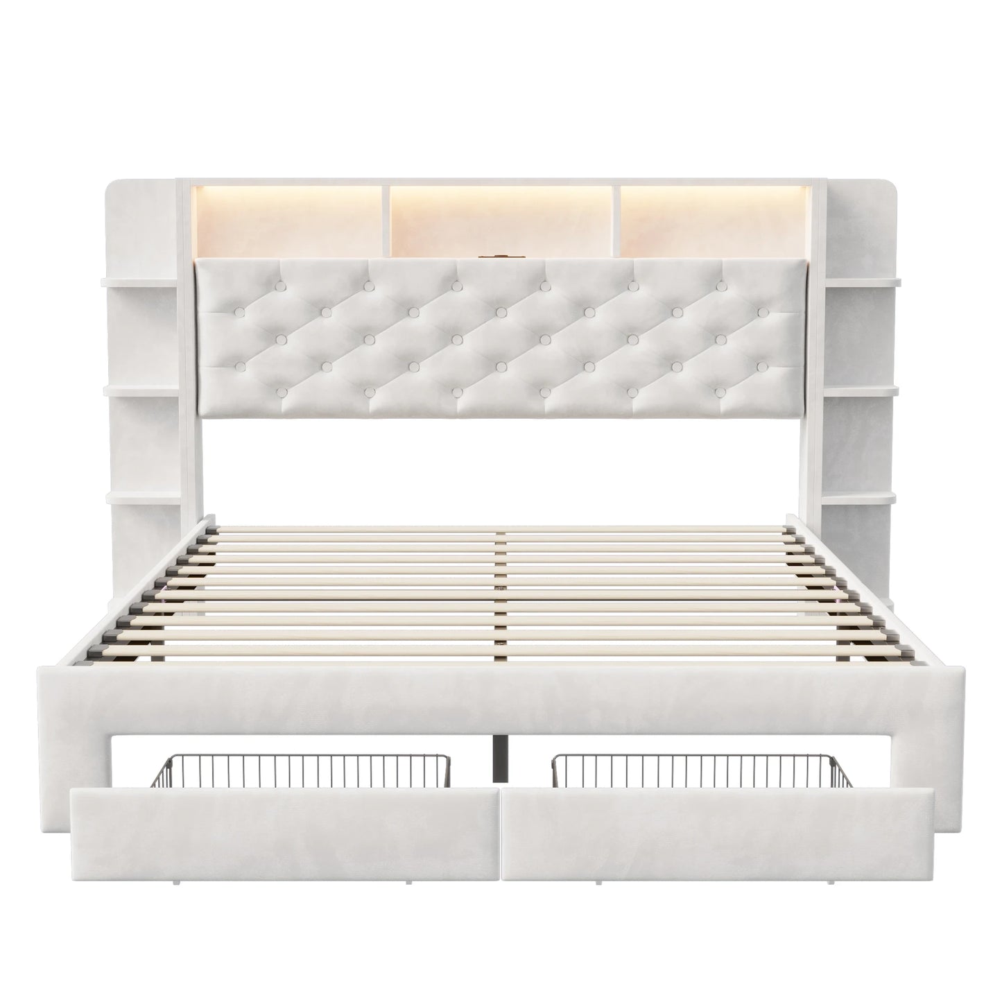 UrbanLuxe Polsterbett 140x200 cm mit LED-Streifen und USB-Ladeanschluss, Stauraumschubladen, Lattenrost, weißer Samt