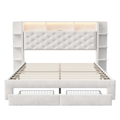 UrbanLuxe Polsterbett 140x200 cm mit LED-Streifen und USB-Ladeanschluss, Stauraumschubladen, Lattenrost, weißer Samt