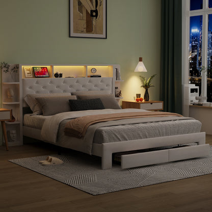 UrbanLuxe Polsterbett 140x200 cm mit LED-Streifen und USB-Ladeanschluss, Stauraumschubladen, Lattenrost, weißer Samt