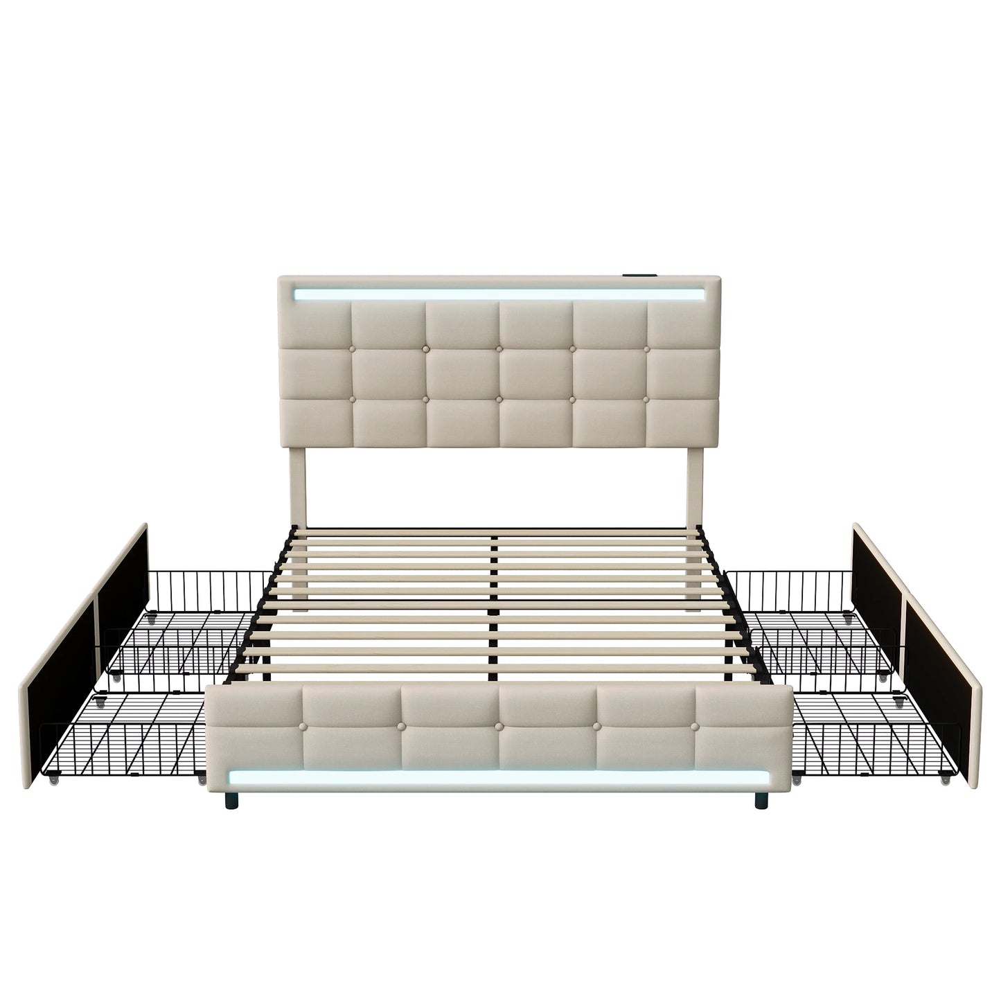 Rosahqnda Gepolstertes Doppelbett 140-160 x 200 cm mit 4 Schubladen und LED, Stauraumbett, Gästebett, Apartmentbett, Leinen