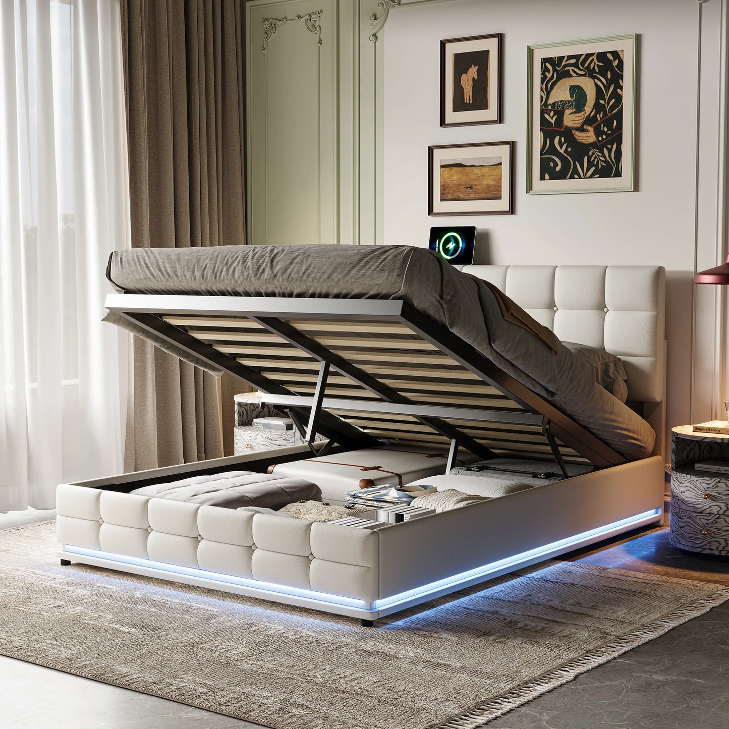 Rosahqnda gepolstertes Doppelbett 140 x 200 cm, LED-Beleuchtung, Doppelbett mit Stauraum, Kinderbett, Jugendbett, weißes PU-Leder