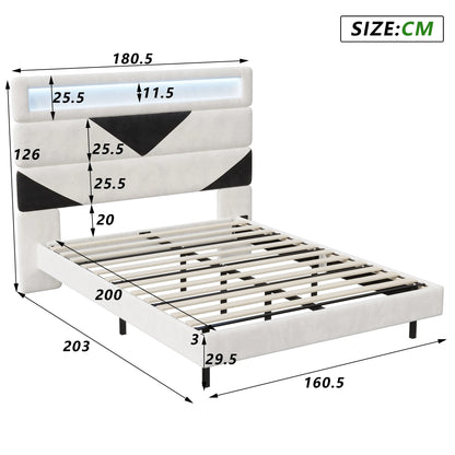 Doppelbett 160x200 cm, mit zwei USB-Ladeanschlüssen und LED-Lichtleiste, dreieckiges Kopfteil, verstellbare Holzplatte, Samt