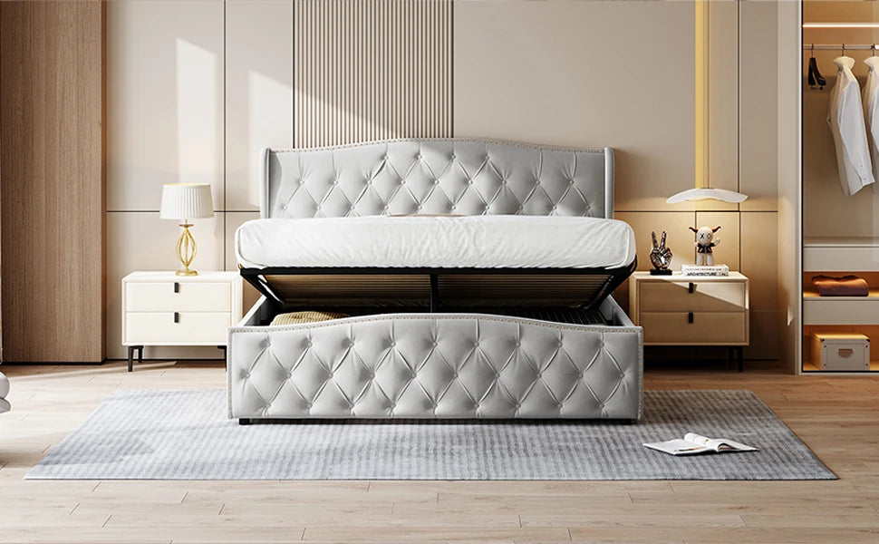 Rosahqnda Gepolstertes Doppelbett 140-160*200cm mit hydraulischem Stauraumbett Gästebett Jugendzimmer Apartmentbett Flanell