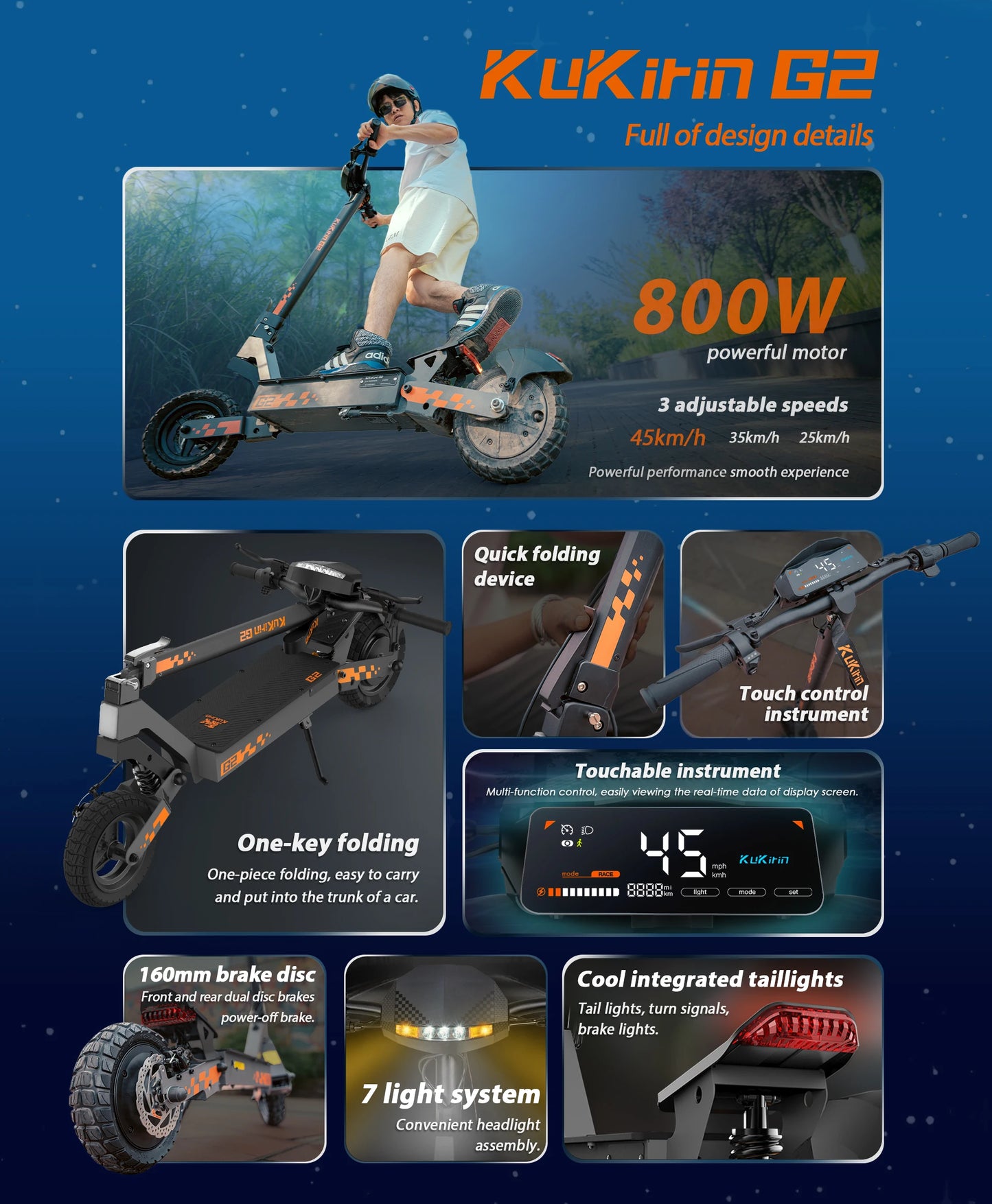 Kukirin G2 Foldable Electric Scooter 800W Brushless Motor 48V 15.6Ah Battery 10-inch Tire 45km/h Max Speed 55km Range.