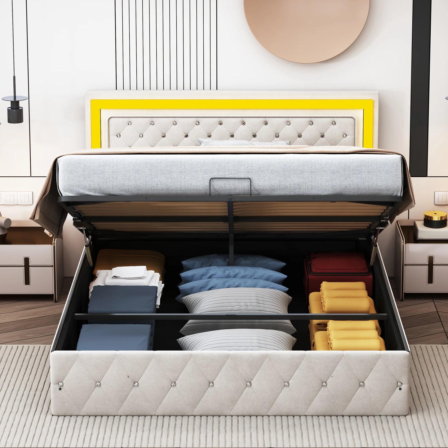 Rosahqnda gepolstertes Doppelbett 140 x 200 cm mit LED-Beleuchtung, hydraulischem Stauraumbett und Lattenrost, Funktionsbetten, Samt