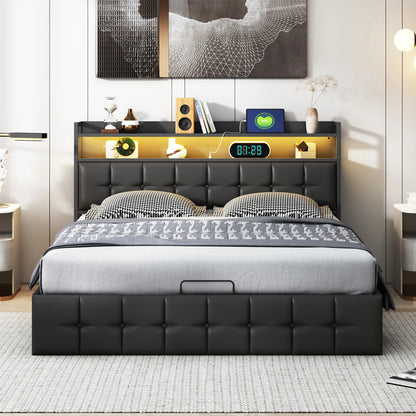 Polsterbett 140x190 cm, mit LED-Beleuchtung und USB, mit Rückenlehnenrahmen, hydraulisches Speicherbett, Funktionsbett, PU