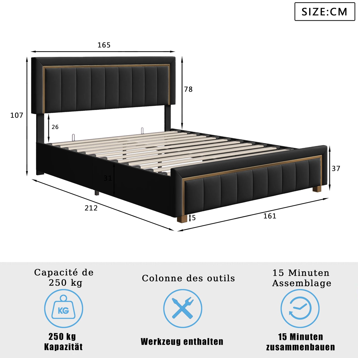 Rosahqnda Upholstered Bed 160x200cm,Hydraulic Storage Function,Light Luxury Style Double Bed,Suitable for Bedroom,Adults,Black