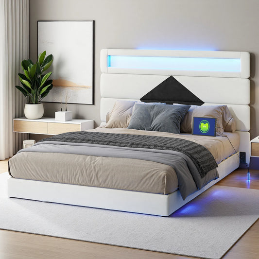 Anajqaqia 140 x 190 cm gepolstertes Bett, Doppelbett mit USB-Ladeanschluss, Kopfteil und Unterbett mit Lichtleiste, Samt