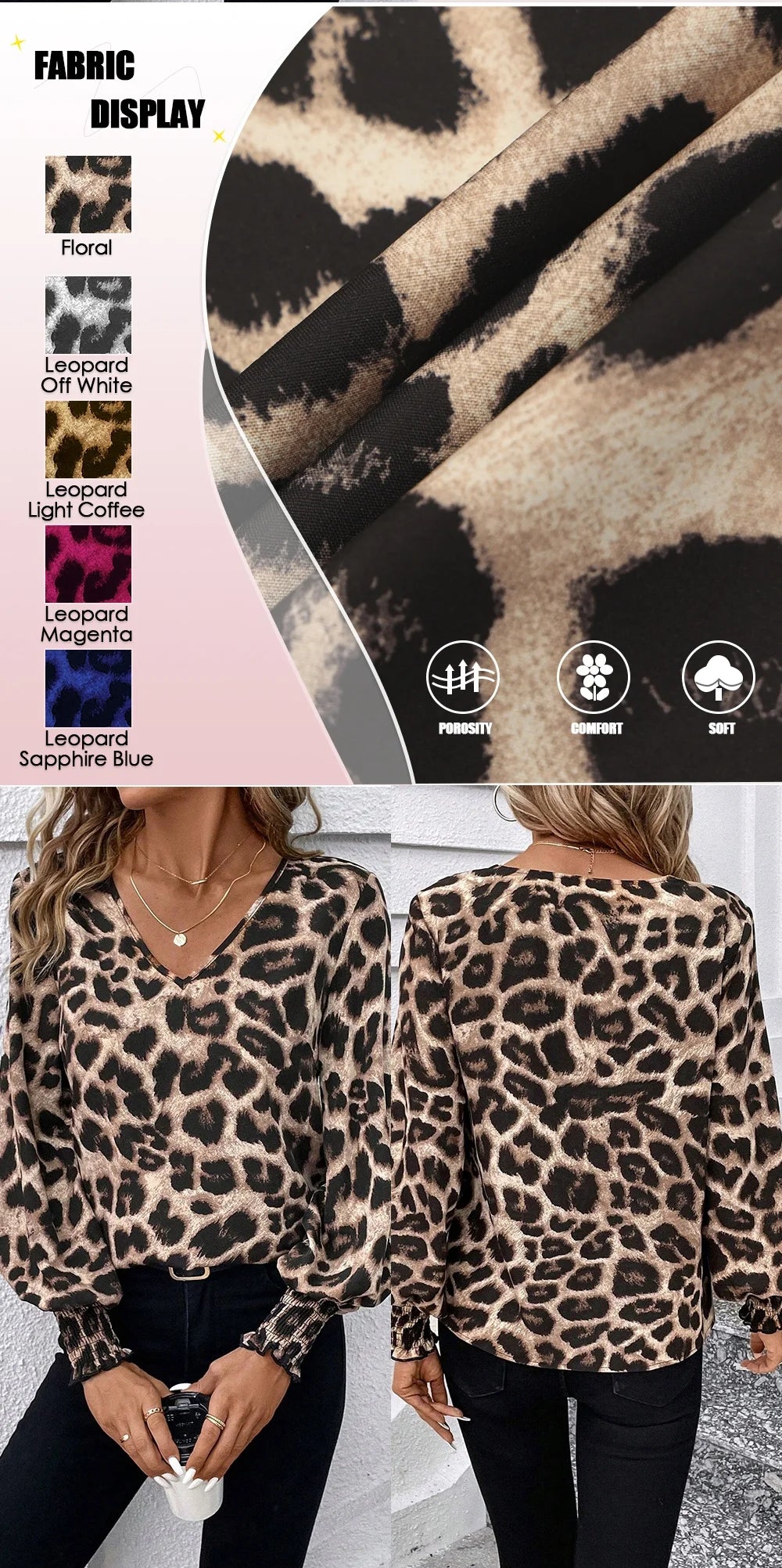 Mia Muse Women's Blouses Autumn Winter Simple Fitting Slim Leopard Long Sleeve V-Neck High Street Blouses.
