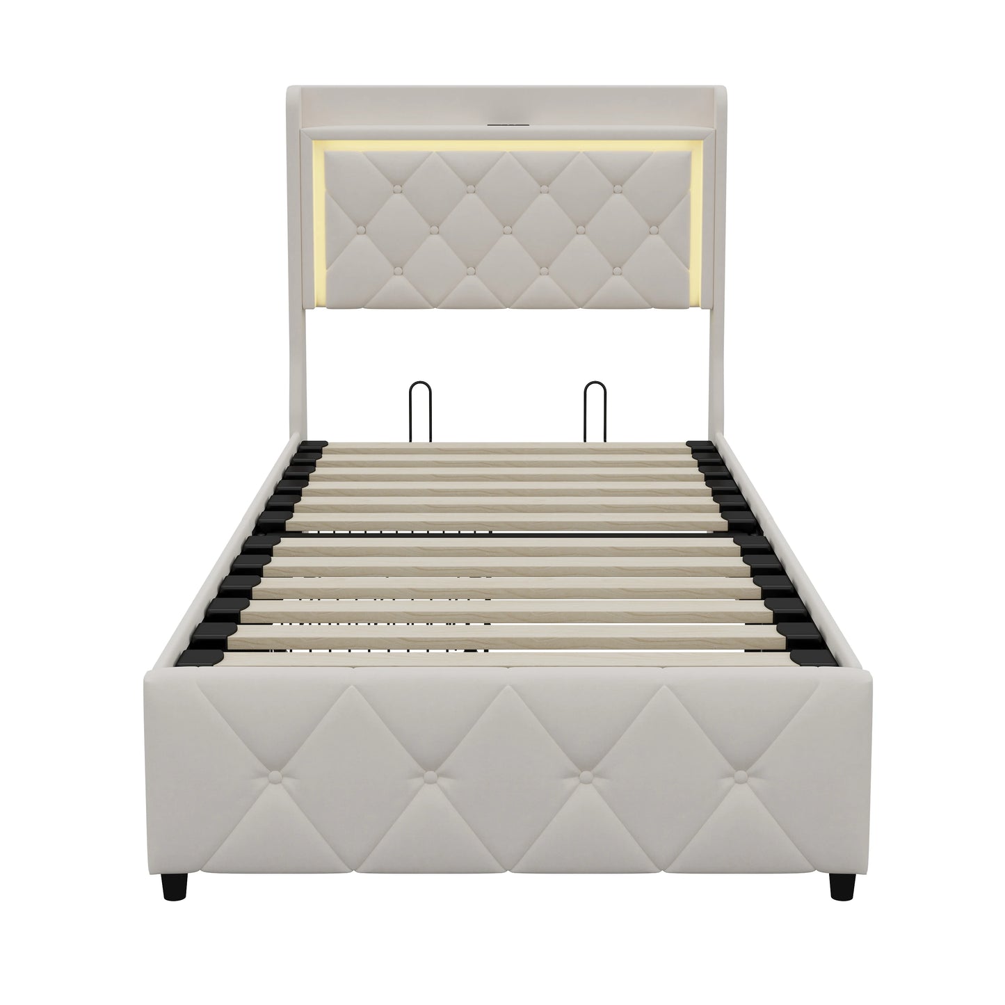 Rosahqnda Polster-Einzelbett 90 x 200 cm mit LED, Jugendbett mit USB/Typ-C, Bettkasten, Holzrahmen, Flanell (ohne Matratze)