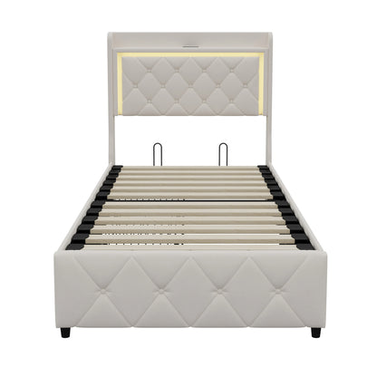 Rosahqnda Polster-Einzelbett 90 x 200 cm mit LED, Jugendbett mit USB/Typ-C, Bettkasten, Holzrahmen, Flanell (ohne Matratze)