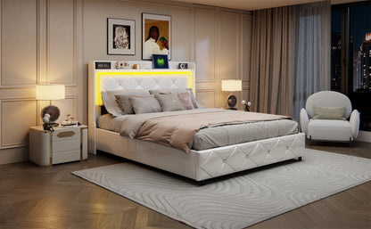 Rosahqnda Doppel-Jugendbettgestell 140–160 x 200 cm mit hydraulischem LED- und USB-Aufbewahrungsbett, Einzelbett, Gäste-/Master-Schlafzimmer, PU, weiß/schwarz