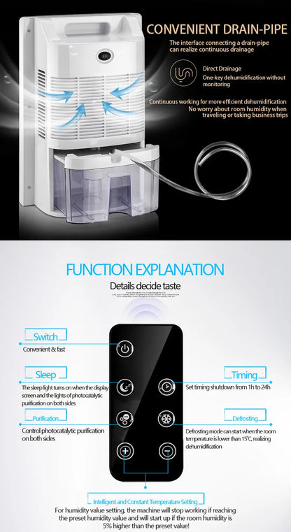 Dehumidifier and Air Purifier 2 in 1 Moisture Absorber Household Mute Bedroom Basement Remote Control Timing External Water Pipe.