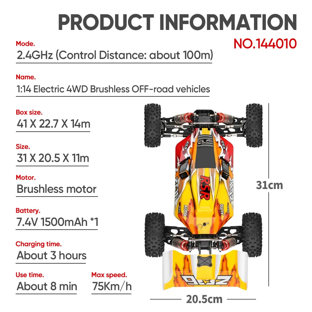 WLtoys 144010 144001 75KM/H 2.4G RC Car Brushless 4WD Electric High Speed Off-Road Remote Control Drift Toys for Children Racing.