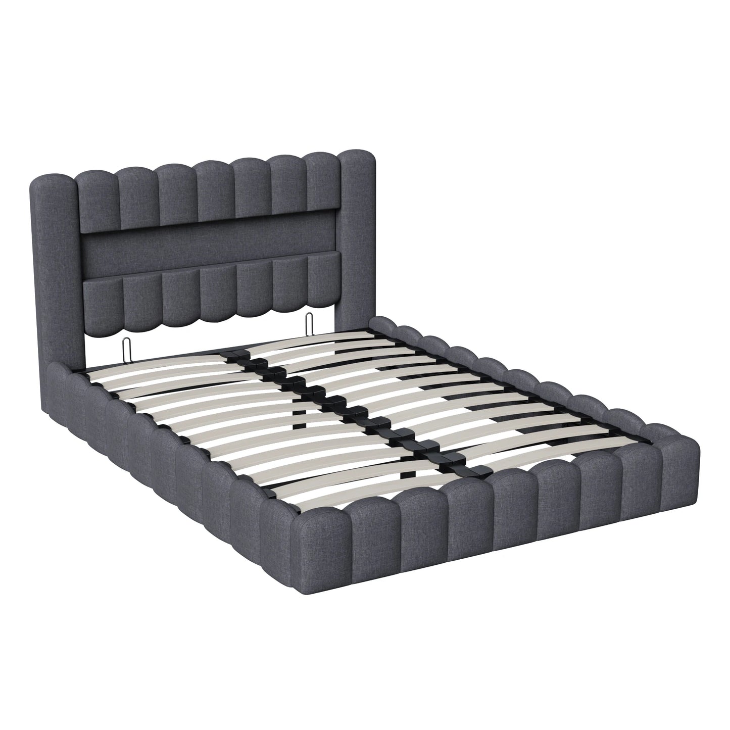 Rosahqnda Polsterbett mit LED- und USB-Anschluss, Leinenbaumstumpfbettgestell mit Kopfteil, 140 x 200 cm großes hydraulisches Bett ohne Matratze