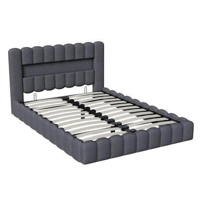 Rosahqnda Polsterbett mit LED- und USB-Anschluss, Leinenbaumstumpfbettgestell mit Kopfteil, 140 x 200 cm großes hydraulisches Bett ohne Matratze