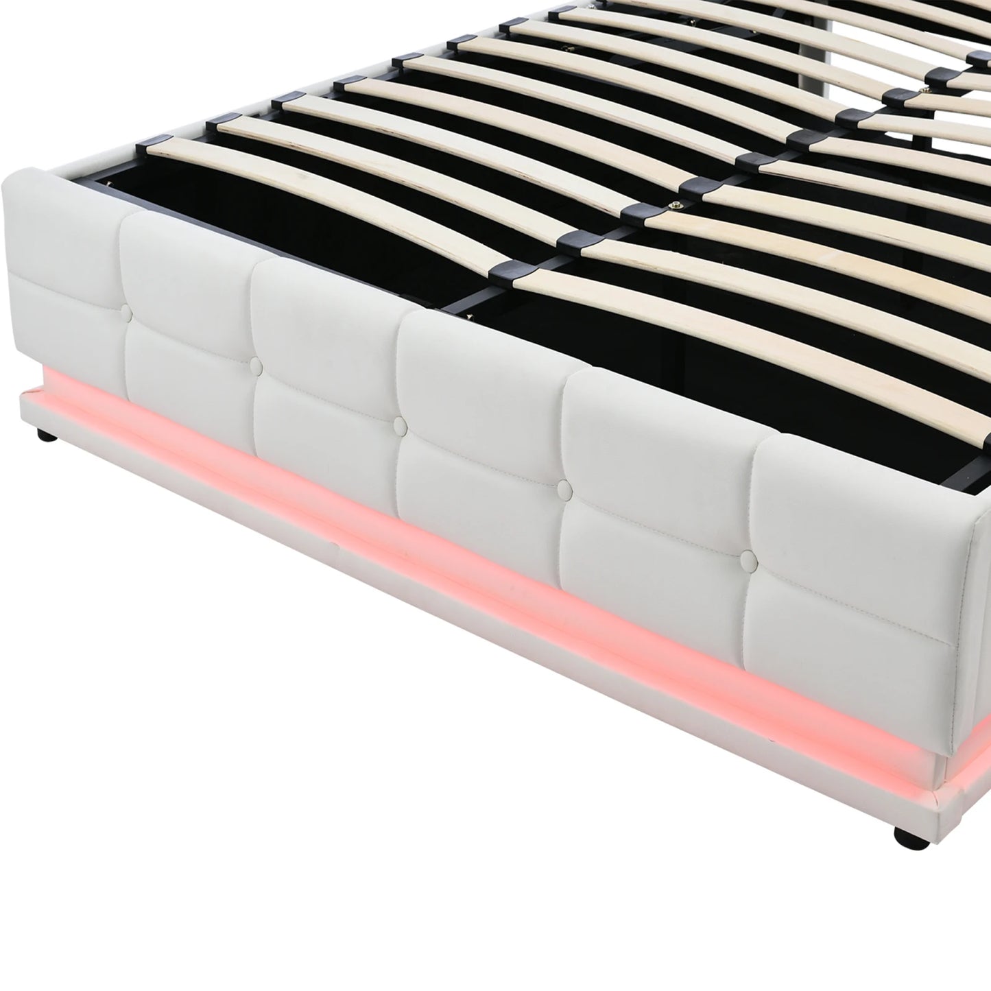 Rosahqnda gepolstertes Doppelbett 140 x 200 cm, LED-Beleuchtung, Doppelbett mit Stauraum, Kinderbett, Jugendbett, weißes PU-Leder