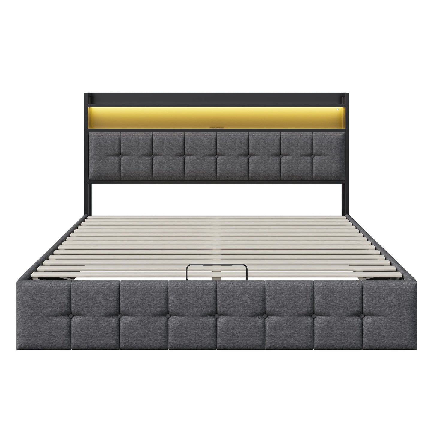 Rosahqnda Multifunctional Double Bed,Rechargeable,LED and Hydraulic Storage,Teen Bed,140/160 x 200 cm,Linen/PU,Grey,Black.