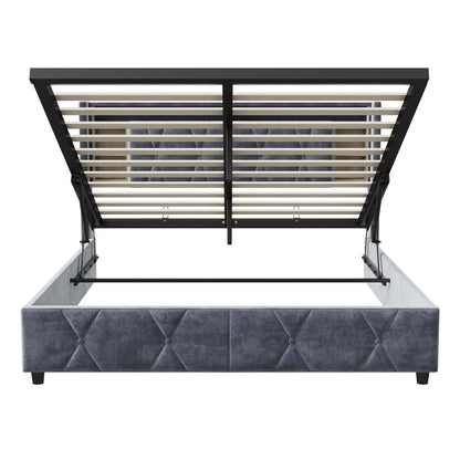 UrbanLuxe Bettgestell 140x200 cm mit LED-Lichtleiste und Dual-USB-Ladeanschluss, Bett mit Stauraum, Lattenrost, Samt, grau