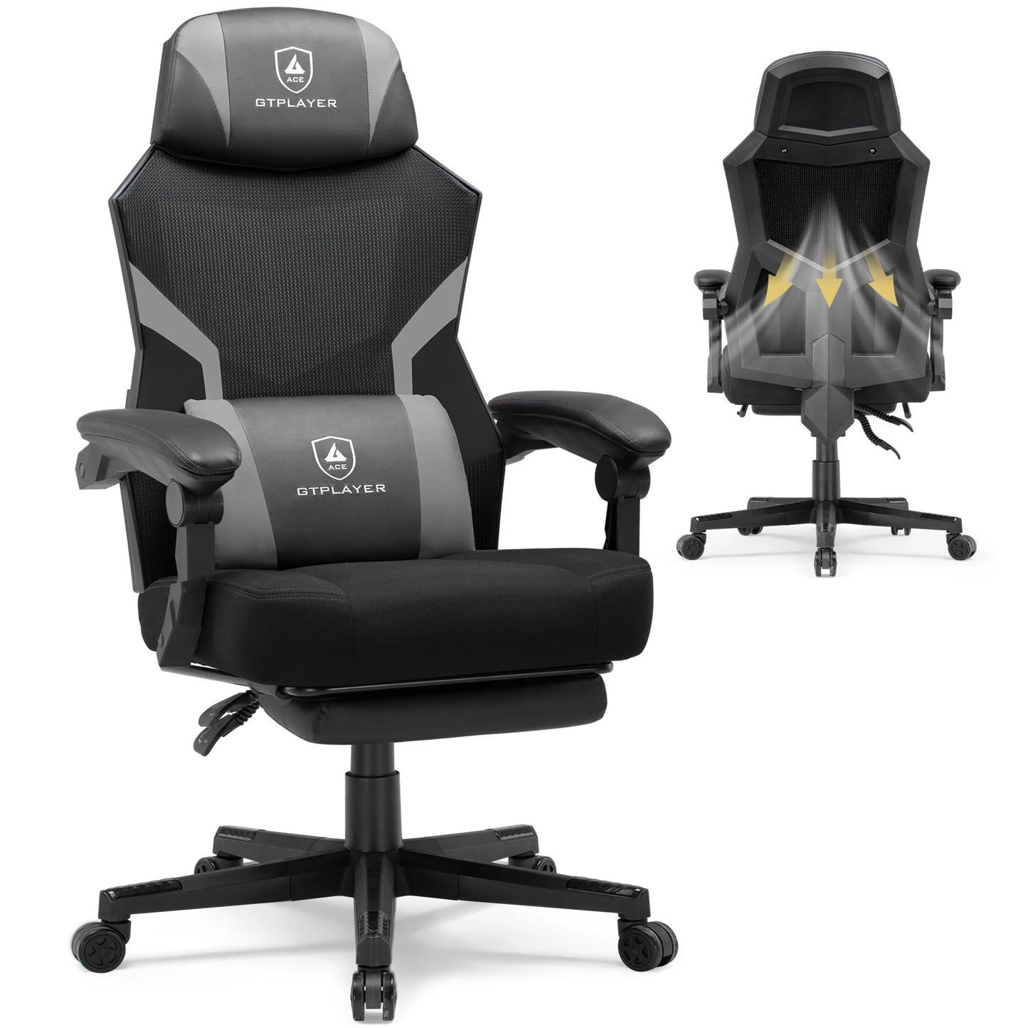 GTPLAYER Gaming Stuhl mit Fußstütze, ergonomischer Bürostuhl mit Netzrückenlehne, Schreibtischstuhl Gaming Sessel aus Stoff