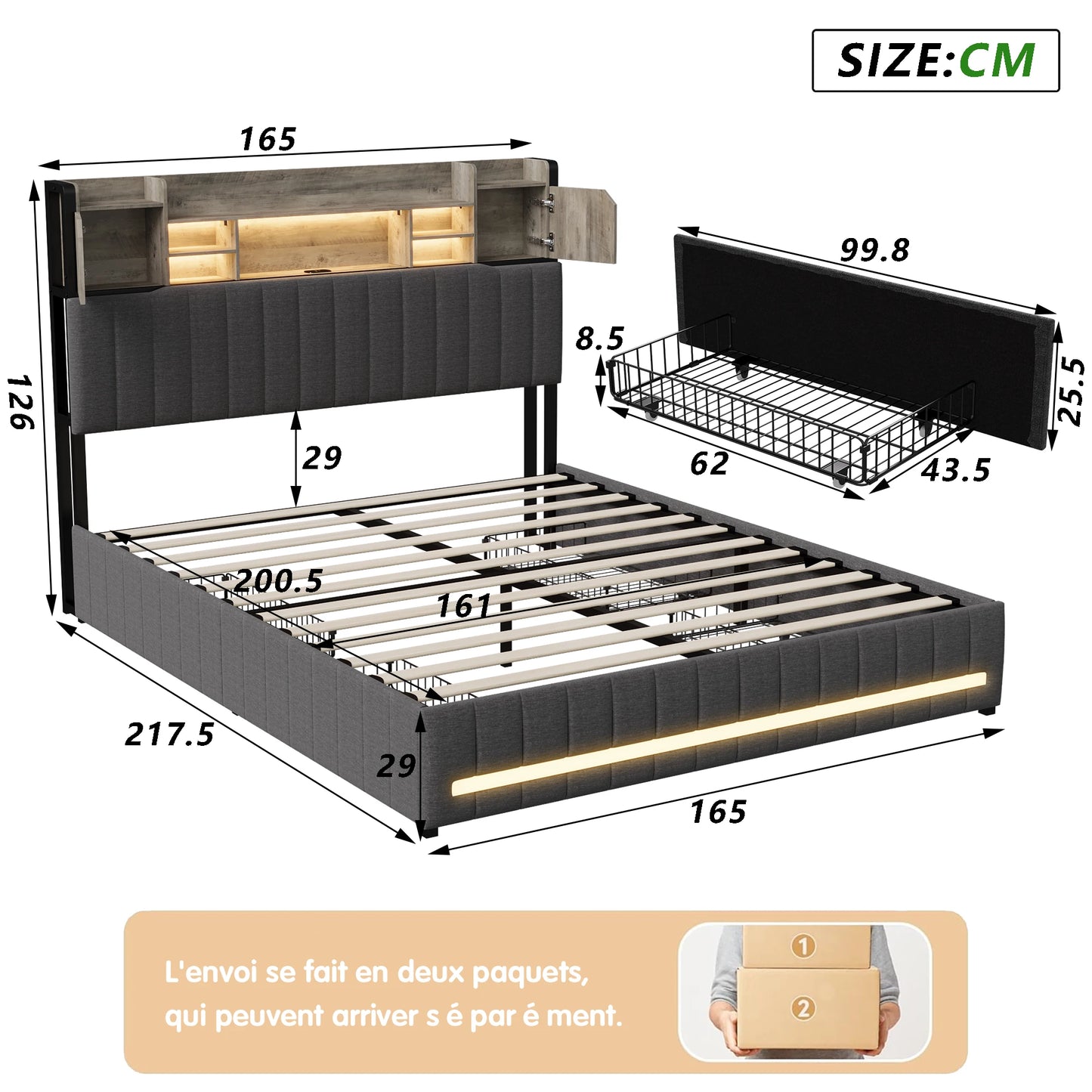 Rosahqnda gepolstertes Doppelbett mit LED-Kopfteil und USB-Anschluss, Stauraumbett mit 4 Schubladen, Leinen, ohne Matratze