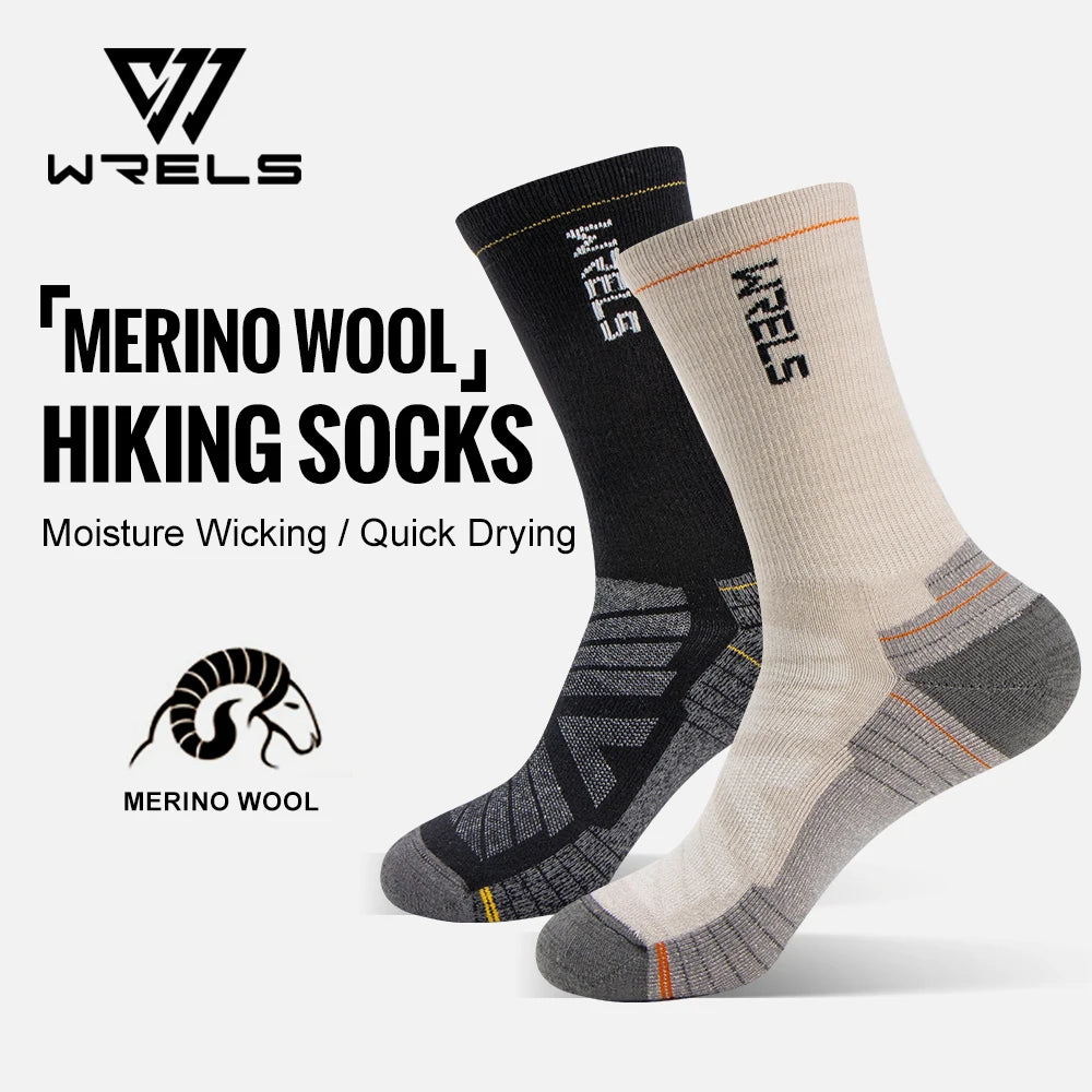 WRELS Merino Wool Socks Hiking Running Socks Soft Lightweight Shock Absorption Damping Mid-Calf Breathable Ankle Cycling Socks.