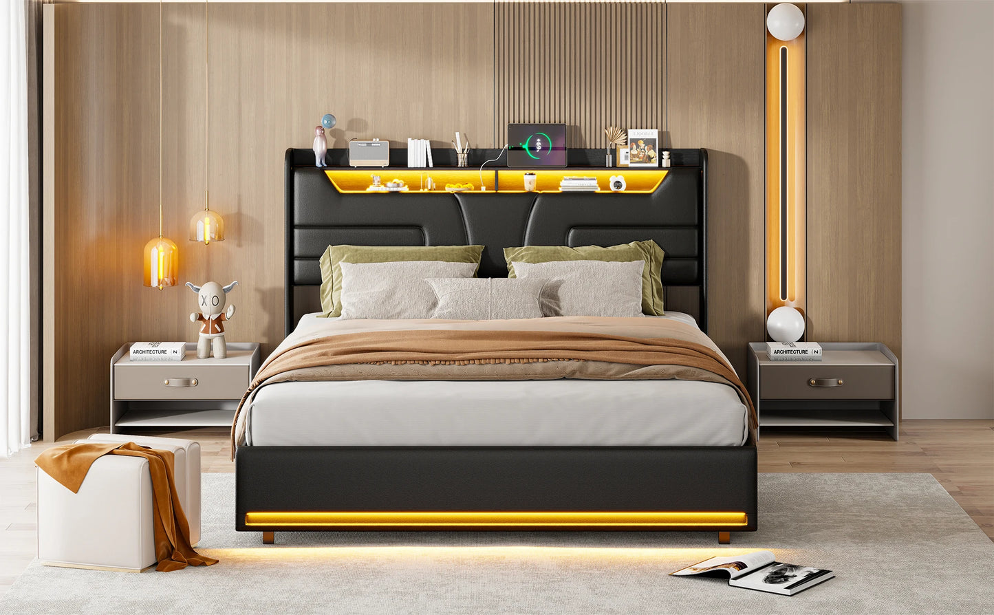 Rosahqnda Doppelbett 140–160 x 200 cm, gepolstertes Bett mit LED, USB und Stauraum, hydraulisches Funktionsbett, PU, Schwarz