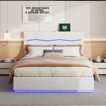 Polsterbett Doppelbett 140x200cm Jugendbett mit Verstellbares Kopfteil, Bett mit Beleuchtung, Stauraumbett mit Hydraulisch, PU