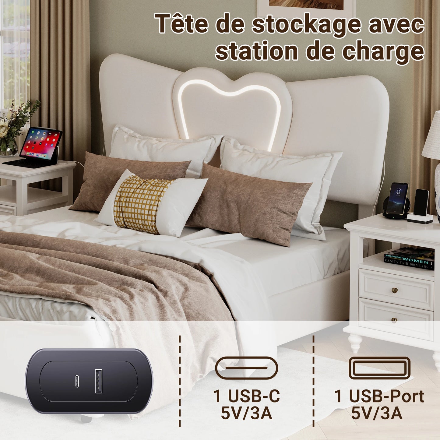 Doppelbett 140x200, LED Stauraumbett mit Lattenrost, Hydraulisch Polsterbett aus Kopfteil Höhenverstellbar, Herzform Kopfteil