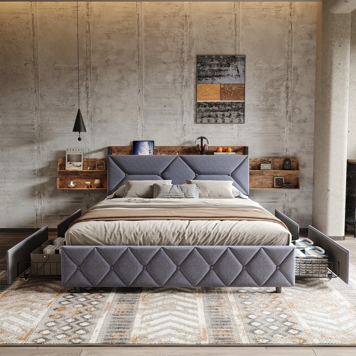 Bett 160 x 200 mit USB, Doppelbett mit 4 Schubladen, Kopfteil mit ausziehbarem Stauraum, Erwachsenenbett mit Lattenrost aus Holz