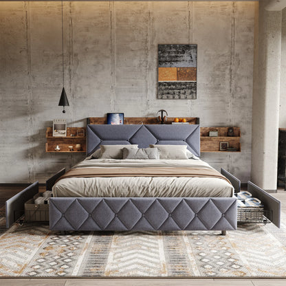 Bett 160 x 200 mit USB, Doppelbett mit 4 Schubladen, Kopfteil mit ausziehbarem Stauraum, Erwachsenenbett mit Lattenrost aus Holz