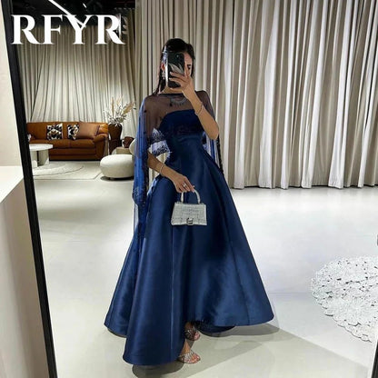 RFYR Marineblaues A-Linie-Satin-Abschlussballkleid mit Umhang, plissiert, knöchellang, für Damen, elegantes formelles Anlasskleid, Abendkleider, individuell gestaltet