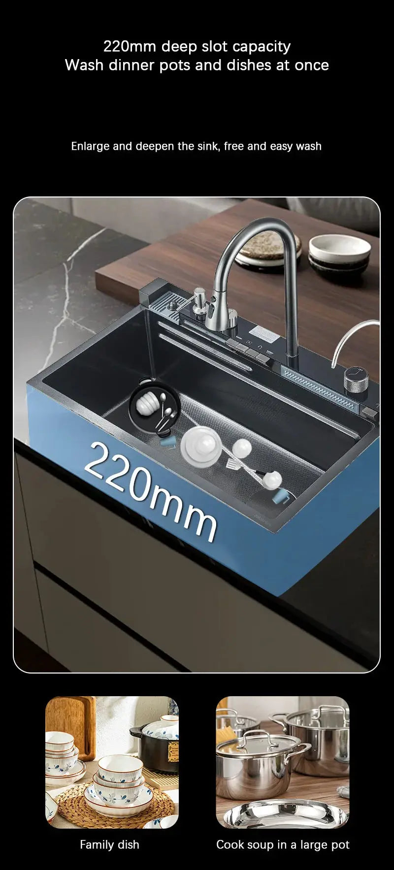 Wasserfall-Küchenspüle aus Edelstahl 304, großes Einzelschlitz-Wasserhahn-Set mit integrierter Digitalanzeige, Seifenspender, Tassenwascher
