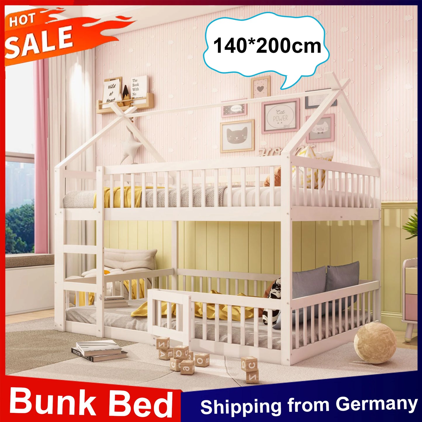 Anajqaqia Etagenbett 140 x 200 cm, Kinder-Familienbett mit Treppe und Tür, weiches Bett, Hausbettgestell mit Absturzsicherung, weiß