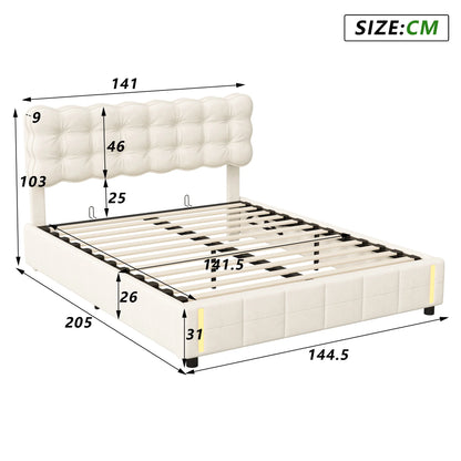 Doppelbett 140x200 cm mit LED-Beleuchtung und Stauraum, Luftdruckbett, Lattenrost, Samt, beige, ohne Matratze