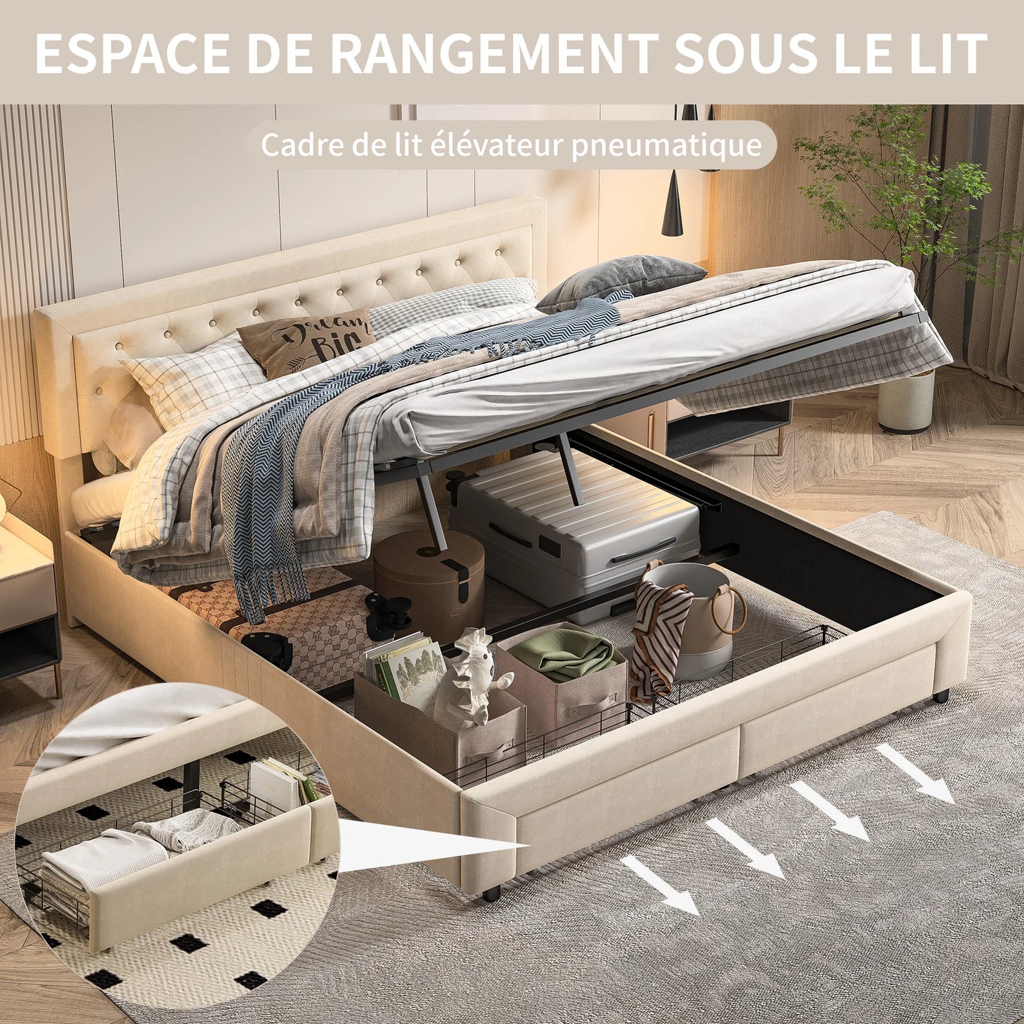 Rosahqnda Bett mit Stauraum, 160–180 x 200 cm, mit Schubladen gepolstert, Doppelbett, hydraulisches Bett, Jugendbett, Wohnungsbett, Samt, Beige/Grau