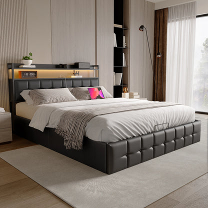 Rosahqnda Polsterbett 140x200 cm mit Lichtleiste, Stauraumbett mit Kopfteil, Doppelbett mit Lattenrost für 2 Personen,PU,Schwarz