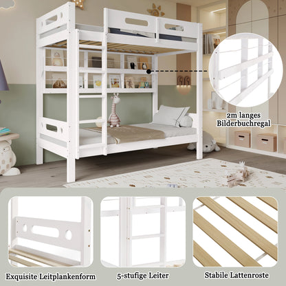 Etagenbett, Kinderbett mit Fallschutzgitter, Offenes Regal, Fünfstufige Leiter, Reichlich Stauraum, Kiefer+MDF, Weiß, 90x200cm