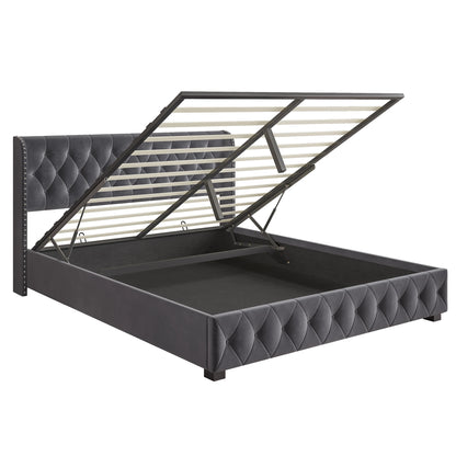 Rosahqnda gepolstertes Doppelbett, 140–160–180 x 200 cm, Stauraumbett, hydraulisches Bett, Erwachsenenbett, Samt, Dunkelgrau