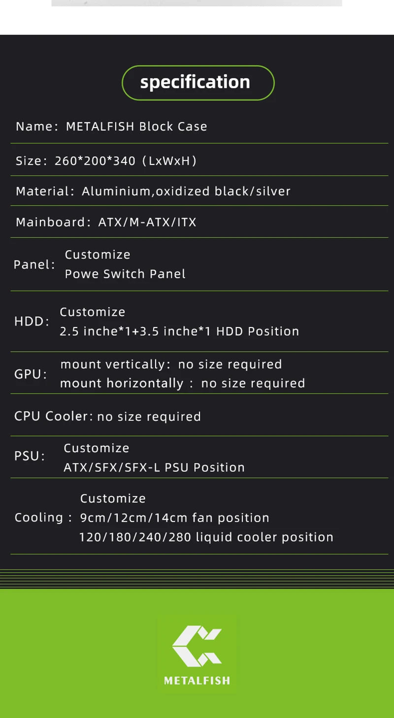 METALFISH BlockCase Aluminum Open Frame Case Support ATX/M-ATX Mainboard GPU Mount Horizontally 240 Water Cooler Gaming Cabinet