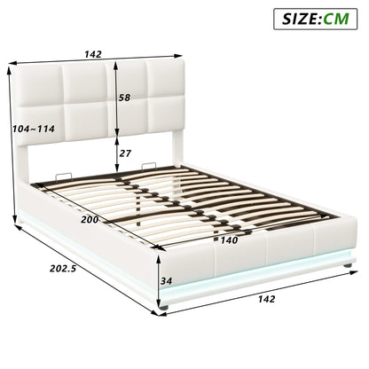 Rosahqnda Hydraulischer Doppelbettrahmen 140*190cm mit LED, Verstellbares Kopfteil, Stauraumbett 140*200cm, Polsterbett, PU