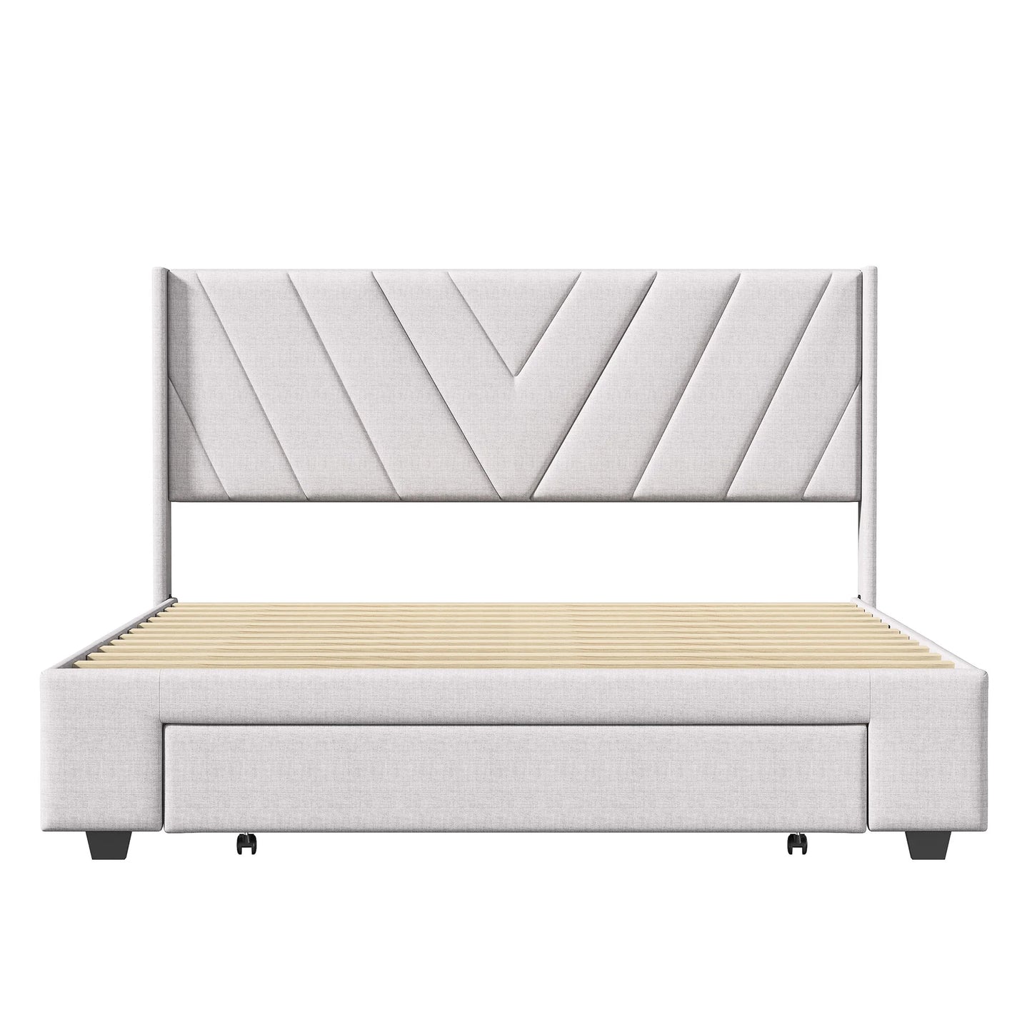 UrbanLuxe Doppelbett 160x200 cm mit 3 Schubladen, Bett mit Stauraum, Lattenrost, Bettgestell, Leinen, Beige, ohne Matratze
